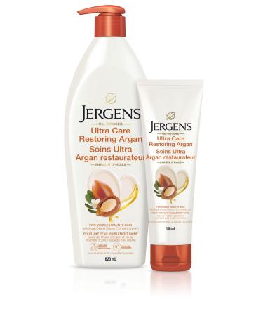 Jergens Ultra Care Restoring Argan Oil-Infused Moisturizer & Body Lotion for Extra-Dry Skin (620 mL) & Travel Size (100 mL)