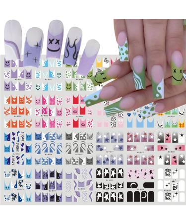 French Tip Nail Art Stickers 24 Sheets Colorful French Water Decals Transfer Nail Foil Designer Nail Art Supplies Cute Heart Star Cartoon Designs DIY nail Accessories Manicure Decorations for Women Girls