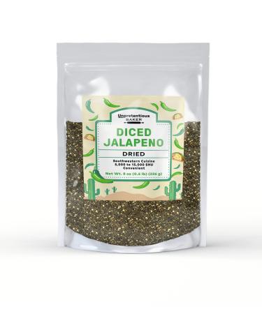 Dried Diced Jalapeno By Unpretentious Baker, 8 oz, Mild to Medium Heat, 5,000 to 15,000 SHU, Southwestern Cuisine 8 Ounces