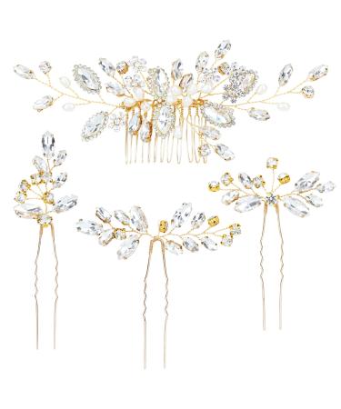 inSowni 4 Pieces Gold Metal Wedding Bridal Rhinestone Hair Side Comb Slide+U-shaped Rhinestone Hair Pins Prom Party Headpieces for Brides Bridesmaids Women Girls Gold White
