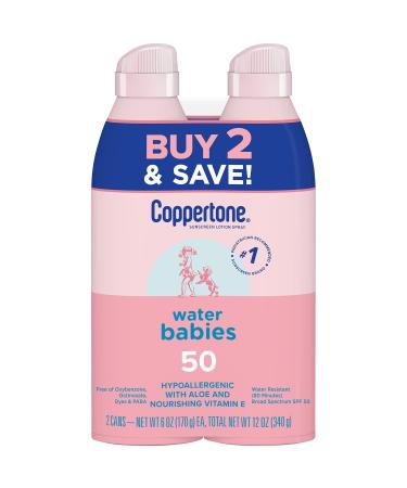 Coppertone Water Babies Sunscreen Lotion Spray SPF 50 Pediatrician Recommended Baby Sunscreen Spray Water Resistant Sunscreen for Babies 6 Oz Spray Pack of 2 SPF 50 6 Ounce (Pack of 2)