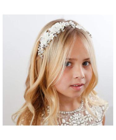 SWEETV Flower Girl Headpiece Ivory Tulle Flowers Wedding Headband for Girls  Princess Pearl Hair Accessories for Birthday Party  First Communion