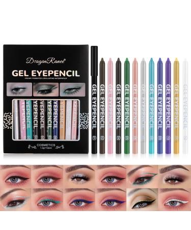 Joyeee 12 Colored Glitter Eyeliner Pencil Set Eye Liner Pen Brown Blue Red White Green Glitter Black Eyeliner Eyeshadow Waterproof Smudgeproof Long Lasting Gel Eyeliner Make Up for Girl Women Gift #042