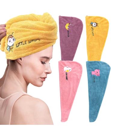 4 pieces microfiber towel hair fast drying hair towel in 4 colors with button super absorbent hair turban towel for women and girls quickly dry salon travel bathroom head wrap (animals)