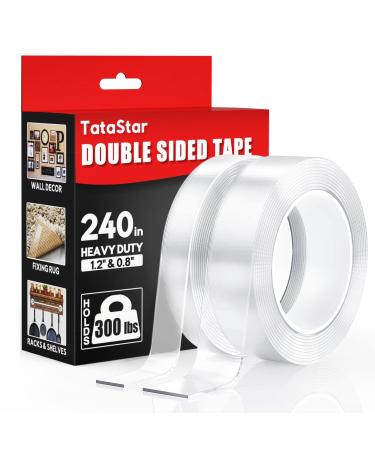 2 Rolls Double Sided Tape Heavy Duty - 240 x 1.2 & 0.8 - Removable Nano Tape for Poster Carpet Picture Hanging Strip Rug Wall Outdoor - Clear & Strong Adhesive Multipurpose Mounting Tape - 20 Feet