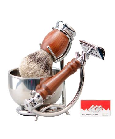 Grandslam Safety Razor Shaving Kit for Men Pure Badger Hair Shaving Brush and Double Edge Safety Razor with Rosewood Handle Stainless Steel Shaving Stand and Double Layer Large Bowl with 10 Blade Silver