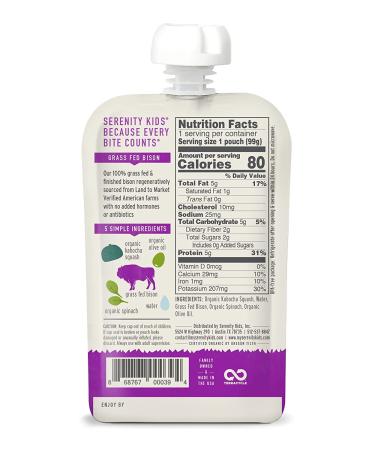 Serenity Kids 100% Grass Fed Bison Baby Food 6+ Months - Organic Kabocha Squash & Spinach 3.5oz - Buy Online on SooperMarket.com