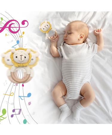 Wooden Baby Rattle - Crochet Lion Newborn Toy with Natural Wood Teething Ring - Handmade Gift for Boys and Girls - Buy Online on SooperMarket.com