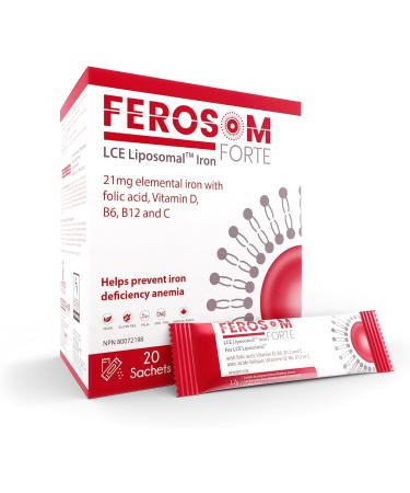 Ferosom Forte LCE Liposomal Iron Supplement Powder Gentle on the Stomach 21g Elemental Iron with Vitamin B12 B6 D C Folic Acid Berry Flavor Powder or Liquid Iron Drink 20 Vegan Iron Sachets