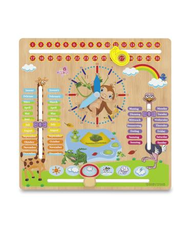 Woodywood calendar watch for children - learning watch made of wood bilingual 30 x 30 cm - Montessori annual clock for learning the time the date weekdays months seasons and the weather for German - English