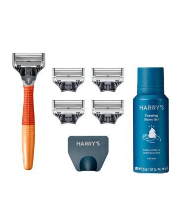 Harry's Razors for Men - Men's Razor Set with 5 Razor Blade Refills, Travel Blade Cover, 2 oz Shave Gel (Ember) Bright Orange
