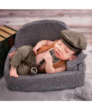 SPOKKI 4 Pcs Newborn Baby Photo Props, Lattice Rompers Suspender Pants with Beret Glasses Bow Tie for Infant Boys' Costumes Brown