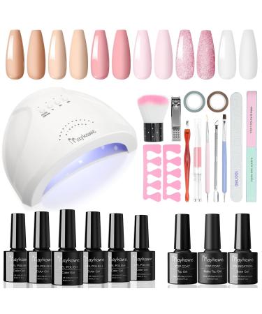 Maykawe Gel Nail Polishes Starter Kit with 48W Nail Lamp 6 Colors White Nude Pink Glitter Gel Nail Polish Set Base Top Coat Manicure Tools Gel Nail Kit for Beginners Nail Art Manucure DIY Starter kit 001