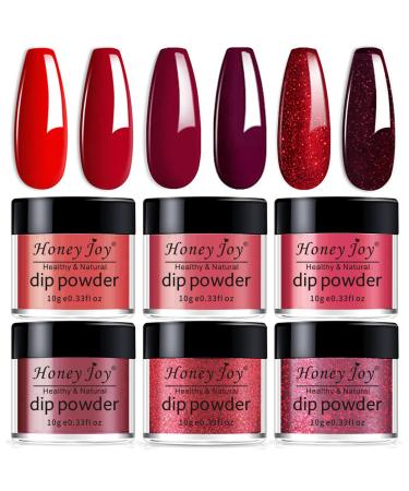Honey Joy 6 BOX/SET Wine Red Dip Powder Glitter Dark Barn Red Fine Dipping Powder Colors No Need Lamp Cure,Like Gel Polish Effect,Even & Smooth Finishing (DP-L-6pcs-10g/box)