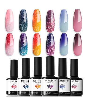 Modelones Gel Nail Polish - Color Changing Gel Nail Polish Nail Kit Glitter Pink Mood Temperature U V Gel Polish Soak Off Nail Art Manicure DIY Salon Gift for Women Christmas Nails Blue