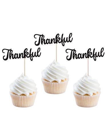24 Pack Thankful Cupcake Toppers Glitter Thank You Cupcake Picks Thanksgiving Day Cupcake Decorations Wedding Anniversary Birthday Party Cake Decorations Black 6-black