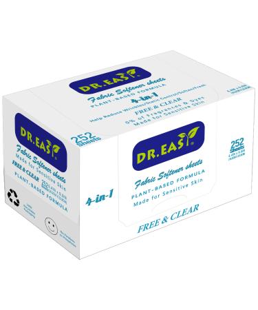 DR.EASY Dryer Sheets Plant Based Formula 252 Ct Fabric Softener sheets for Laundry Free & Clear Essential Oil Scented No Artificial Fragrances No Dyes Reduce Static & Wrinkles Help Repel Pet Hair Free & Clear 252 Count (Pack of 1)