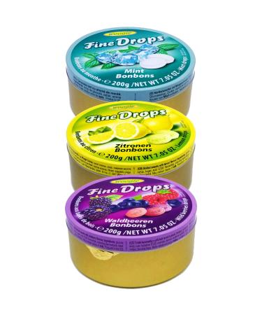Woogie Fine Drops Hard Candy Tin - Lemon Mint and Wild Berries Flavours 200 g - Pack of 3 Fruit Candy Tin Cans