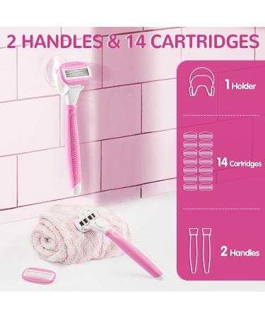 Premium Women's Razors Set - 2 Non-Slip Handles 14 Blades 360 Lubrication Pink - Smooth Irritation-Free Shaving - Buy Online on SooperMarket.com