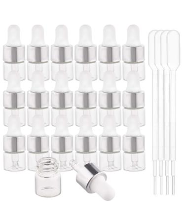 Benecreat 30 pack 1ml clear glass drip bottle eye bottles with essential oils silver caps and 4PCs drip bottle for aromatherapy cosmetics sample silver caps