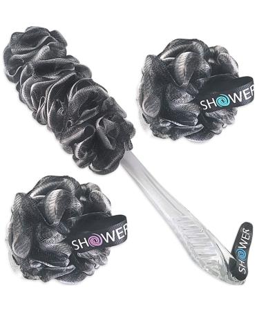Loofah-Charcoal Back-Scrubber & Bath-Sponges by Shower Bouquet: 1 Long-Handle-Back-Brush Plus 2 Extra Large 75g Soft Mesh Poufs, Men & Women - Exfoliate with Full Pure Cleanse in Bathing Accessories