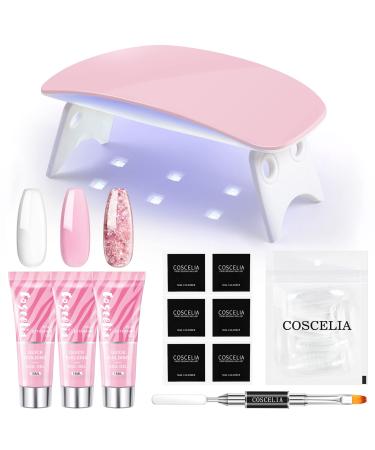 COSCELIA Poly Nail Gel Kit with U V Light Starter Kit  3 Colors Clear Pink Glitter Builder Nail Gel for Nail Extension 6w Nail Dryer Lamp Manicure Nail Tools Nail Extension Kit for Beginner RH-525