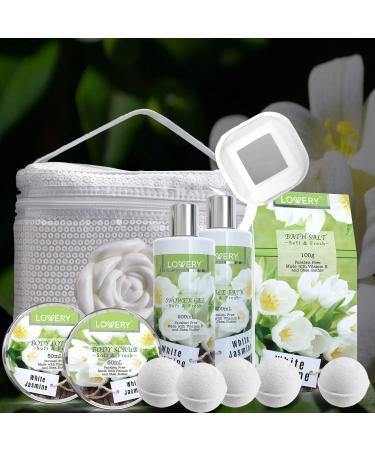 Fathers Day Bath and Body Gift Basket - White Jasmine Scented Home Spa Set for Women & Men | 14 Piece Set with Bath Bombs, Body Lotion, Rose Soaps, and Cosmetics Bag - Buy Online on SooperMarket.com