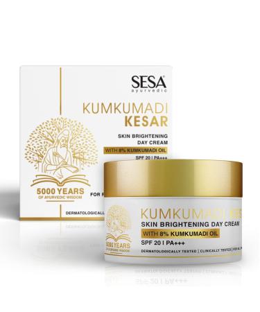 SESA 8% Kumkumadi Kesar Day Cream SPF 20 & PA++ Skin Brightening Ayurvedic Face Moisturizer Face Cream Sun Damage Hydrating with Saffron Lotus Sandalwood for Woman and Men 50 gm or 1.69 oz