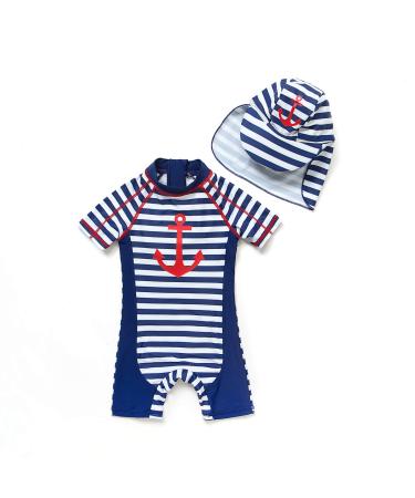 BONVERANO Baby Boys Swimsuit Toddler Bathing Suit Short-Sleeve Zipper One Piece Swimwear with UPF 50+ Sun Protection 18-24 Months Anchor