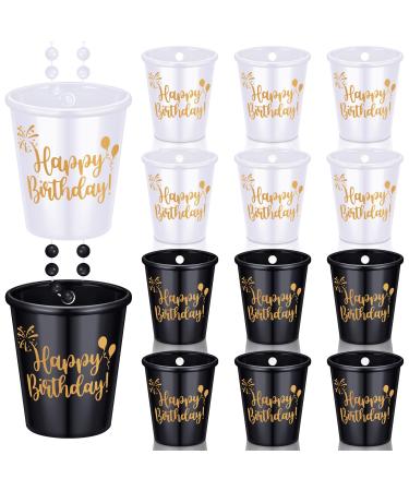 Yaomiao 12 Pieces Happy Birthday Shot Glass Necklace on Beaded Plastic Shot Necklace Cup for Birthday Wedding Party Supplies (White, Black)