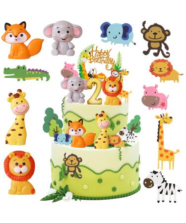 16 pieces Tortendendeko 2nd birthday Safari Zoo Jungle Tortendeko Forest Animals Happy Birthday Kuchendeko Waldtiere Figures Cake Topper 2nd birthday cakes decoration for 2 years young girls 2 years of jungle