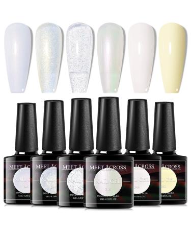 MEET ACROSS White Nail Polish Set 6 Colors Milky White Gel Polish Kit White Nude Shimmer Glitter 6 Colors Sheer Jelly Gel Set