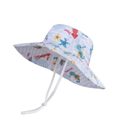 LANGZHEN Beach Sun Protection Hat for Baby Girls Adjustable Toddler Kids Hat Wide Brim Summer Play Hat with Chin Strap Octopus 2-4 Years