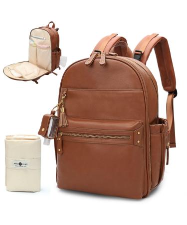 Miss fong diaper backpack diaper bag Backpack leather large capacity baby diaper backpack with travel bottles with travel bottles keychain bottles diaper pad and stroller hook-brown