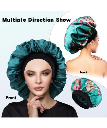 Satin Silk Double Layer Green Flower Hair Bonnet for Black Women - Large Silky Lined Sleep Cap for Curly Hair - Wide Band Strap - 1 Pc - Buy Online on SooperMarket.com