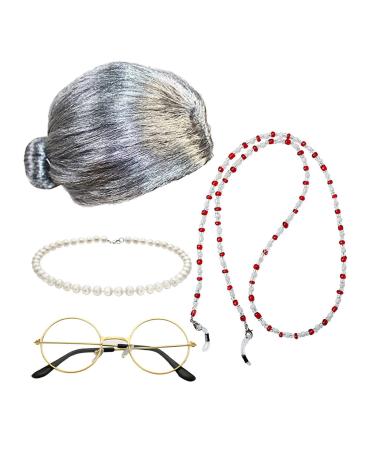 Darling Hair Extensions Granny Wig Granny Cosplay Wig Granny Ladies Costume Granny Wig Glasses Chain Glasses Pearl Necklace (4pcs) Curly Hair Wigs for Women One Size Silver
