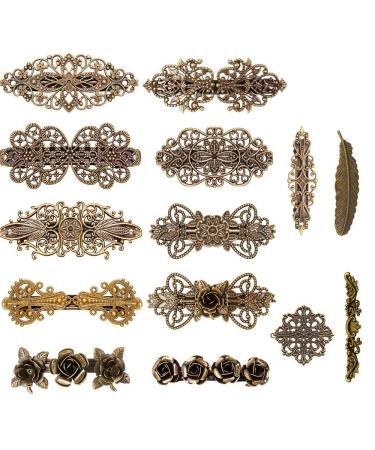 14 PCS Retro Vintage Metal French Barrette, Kalolary Vintage Bronze Hair clips, Jewelry Accessory for Women Girls Halloween Christmas Thanksgiving Day Gift Hair Decoration Vintage Gold