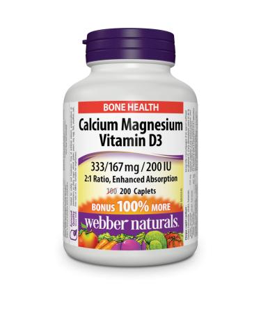 Webber Naturals Calcium with Magnesium and Vitamin D3 200 Caplets Enhanced Absorption Helps Support Bones and Teeth Vegetarian