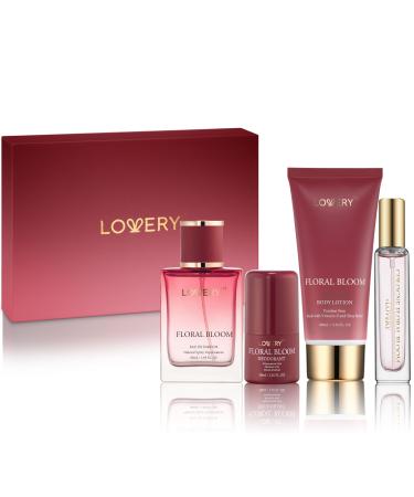 Womens Valentines Gifts Floral Bloom Perfume Set 4 in 1 Womens Perfume & Deodorant Eau de Parfum Fragrance Sets - Perfumes for Women Gift Set with Antiperspirant Stick Body Lotion & Mini Perfume