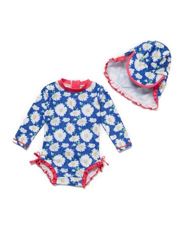 BONVERANO Baby Girls Swimsuit Toddler Bathing Suit Long-Sleeve Zipper One Piece Swimwear with UPF 50+ Sun Protection 2-3 Years Daisy 2