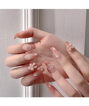 MISUD 24Pcs Medium Press on Nails  Glossy 3D Bow & Pearl Fake Nails  Glossy Coffin False Nails  Full Cover Ballerina Acrylic Nails for Daily Use (with Glue) 001-DDD