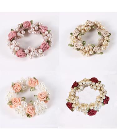 DORIS&JACKY Crystal Hair Tie Fancy Elastic Hair Bead Ponytail Holder Handmade Rhinstone Hair Accessories For Women And Girls (3-flower with pearl 4 pcs)