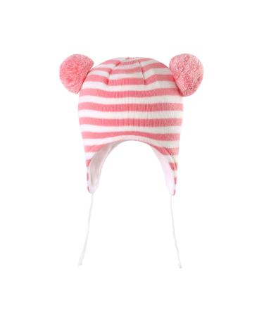 LANGZHEN Toddler Kids Infant Winter Hat Earflap Knit Warm Cap Fleece Lined Beanie for Baby Boys Girls 6-12 Months Pink-Stripe