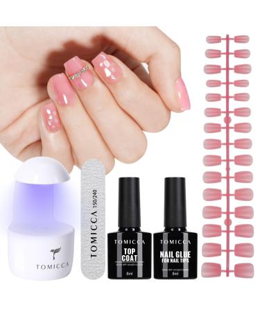 TOMICCA Soft Gel Nail Tips and Glue Gel Kit Easy Gel Nail Kit with 3 in 1 Extra Short Coffin Nail Tips 8 in 1 Gel Nail Glue Top Coat and U V LED Nail Lamp Nail Extension Kit Diy Nails Art Home Pink pink-coffin