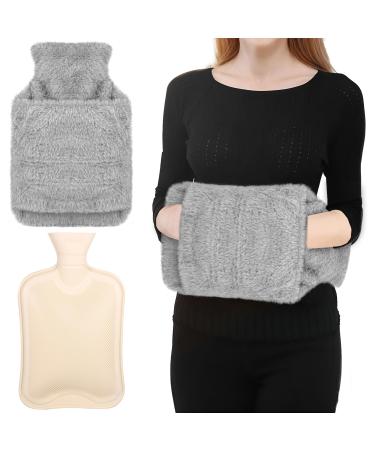 Hot Water Bottle with Fluffy Cover 2L Hot Water Bag with Hands Warmer Pocket Hot Water Bottles for Hot and Cold Compress Hand Feet Warmer Neck and Shoulder Pain Relief Grey