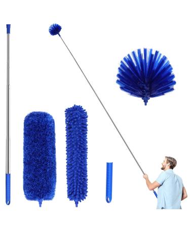 Microfiber Dusters w 2 Handle Sets, Durable 15100 Inchs Long Telescopic Rod, Washable, Feather Dusters for Cleaning Cobweb, Ceilings Fans (5 Pack) Blue