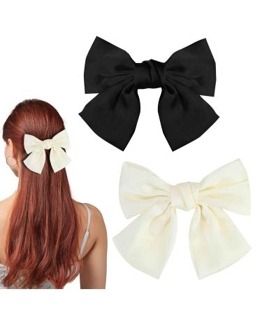 Bow Hair Clip 2Pcs Hair Bows for Women Big Bowknot Hairpin French Hair Clips with Ribbon Solid Color Hair Barrette Clips Soft Satin Silky Hair Bows for Women Girls(Black+White)