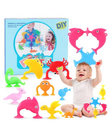 Suction Toys Kids Bath Toys Slicone Ocean Animal Sucker Toys for Kids Sensory Toys for 3 4 5 6 7 Year Old Boys Girls Toddler Montessori Toys Building Toys for Stress Release and Travel 15Pcs Ocean Animal