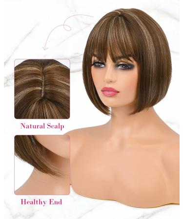 REECHO 11 Short Brown Bob Wig with Bangs - Synthetic Replacement Hair for Women - Chocolate Brown with Blonde Highlights - 11 Inch - Buy Online on SooperMarket.com