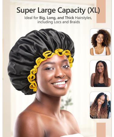 Mikimini Extra Large Black Shower Hoods (2-Pack) for Men & Women - Waterproof Thick Braids Reusable XL Bathroom Hair Protection with Bright Yellow Edge - Buy Online on SooperMarket.com